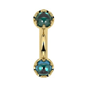 Reina London Blue Topaz Crown Curved Barbell in 14k yellow gold, front view - for navel, rook, or eyebrow piercings