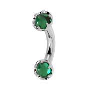 Reina Zambian Emerald Crown Curved Barbell in 14k white gold, side view - for navel, rook, or eyebrow piercings