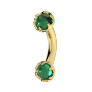Reina Zambian Emerald Crown Curved Barbell in 14k yellow gold, side view - for navel, rook, or eyebrow piercings