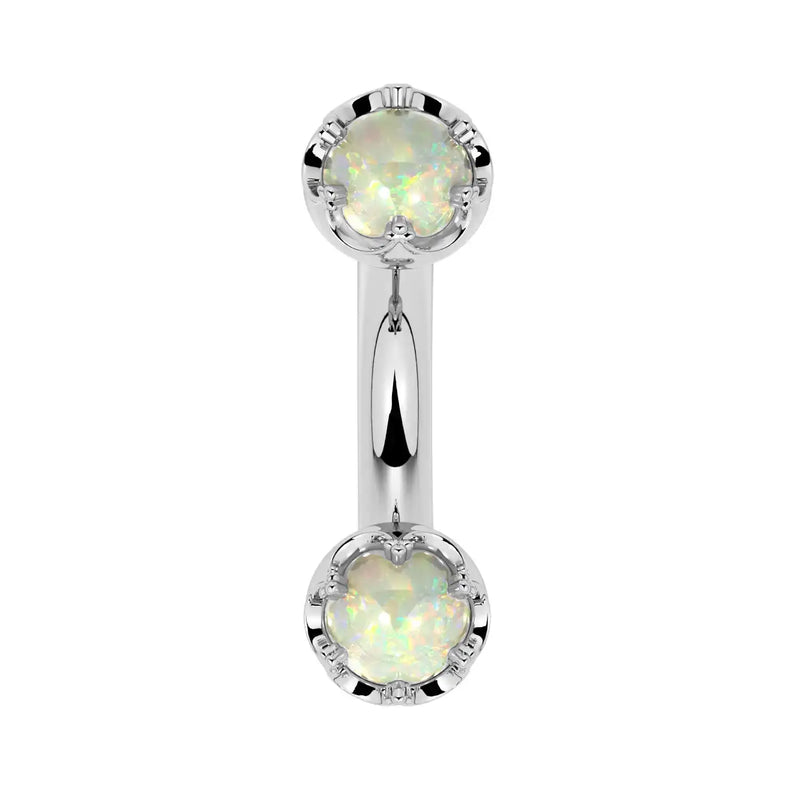 Reina Ethiopian Opal Crown Curved Barbell in 14k white gold, front view - for navel, rook, or eyebrow piercings