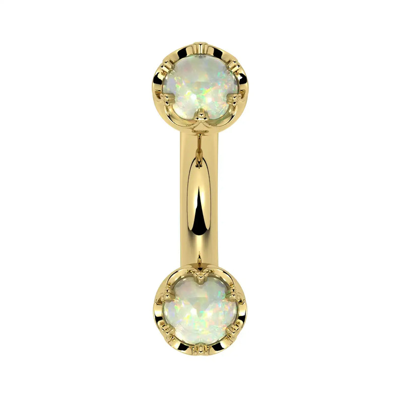 Reina Ethiopian Opal Crown Curved Barbell in 14k yellow gold, front view - for navel, rook, or eyebrow piercings