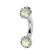 Reina Ethiopian Opal Crown Curved Barbell in 14k white gold, side view - for navel, rook, or eyebrow piercings