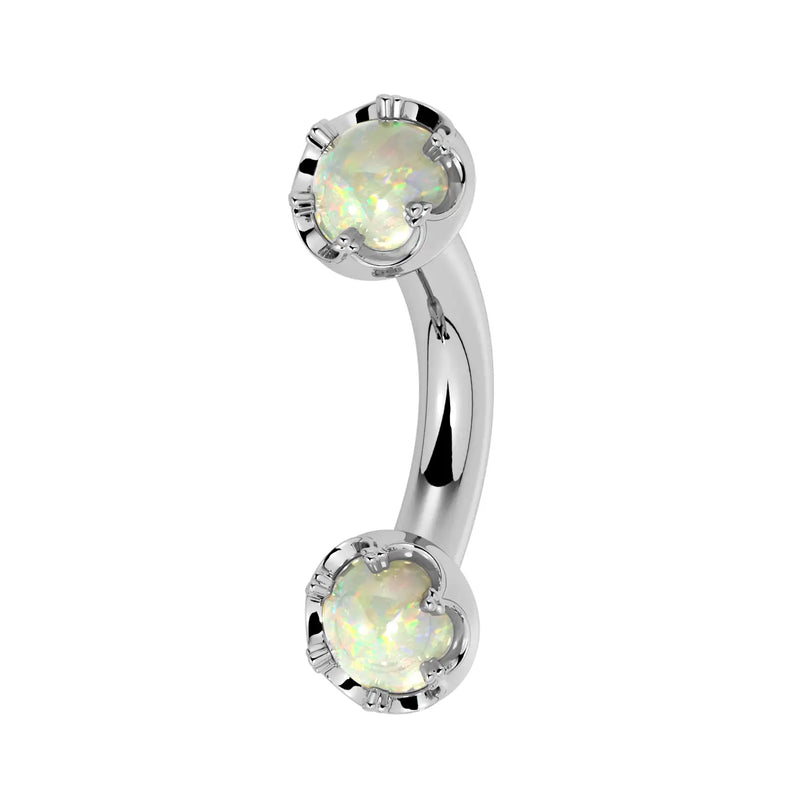 Reina Ethiopian Opal Crown Curved Barbell in 14k white gold, side view - for navel, rook, or eyebrow piercings
