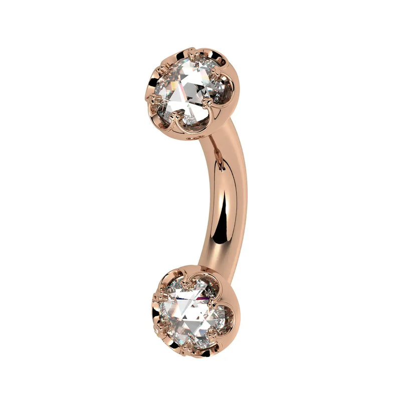 Reina Rose-Cut Diamond Crown Curved Barbell in 14k rose gold, side view - for navel, rook, or eyebrow piercings