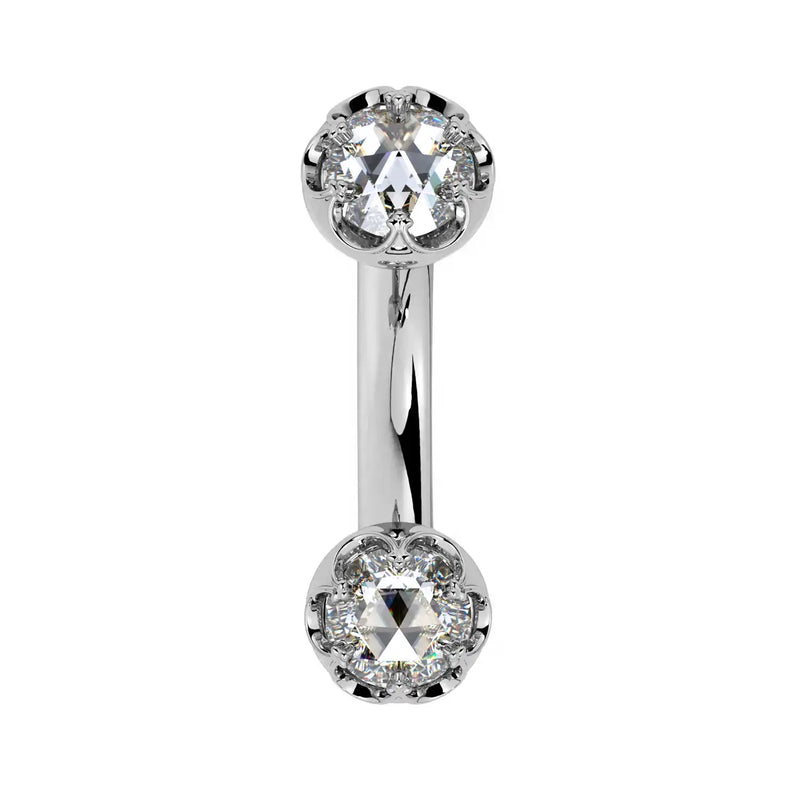 Reina Rose-Cut Diamond Crown Curved Barbell in 14k white gold, front view - for navel, rook, or eyebrow piercings