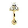 14k yellow gold trinity CZ curved barbell for rook piercing, front view of three-gem cluster