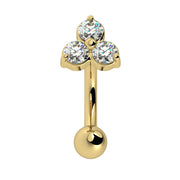 14k yellow gold trinity CZ curved barbell for rook piercing, front view of three-gem cluster