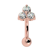 14k rose gold trinity CZ curved barbell for eyebrow or rook piercing, front view