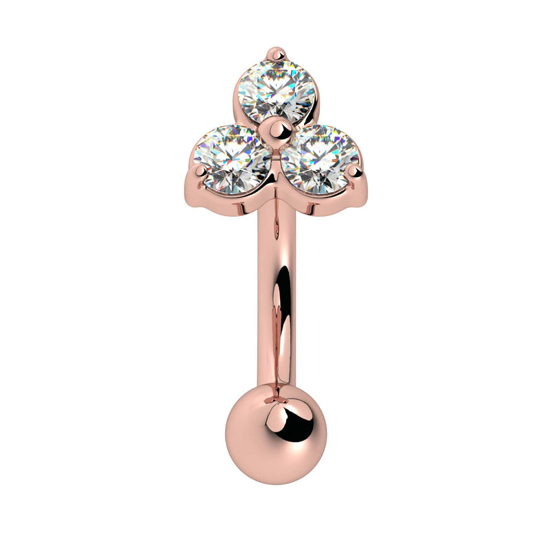 14k rose gold trinity CZ curved barbell for eyebrow or rook piercing, front view