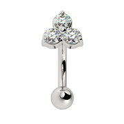 14k white gold trinity CZ curved barbell with three-stone cluster top, front view