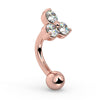 14k rose gold trinity CZ rook barbell, side angle showing curved bar profile and prong-set gems
