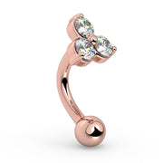 14k rose gold trinity CZ rook barbell, side angle showing curved bar profile and prong-set gems