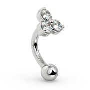 14k white gold trinity CZ rook barbell, angled side profile highlighting curved bar and gem setting