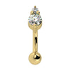 14k yellow gold curved barbell with dual CZ prong setting, front view, rook piercing