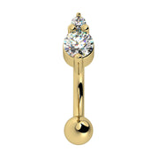 14k yellow gold curved barbell with dual CZ prong setting, front view, rook piercing