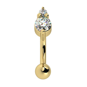 14k yellow gold curved barbell with dual CZ prong setting, front view, rook piercing