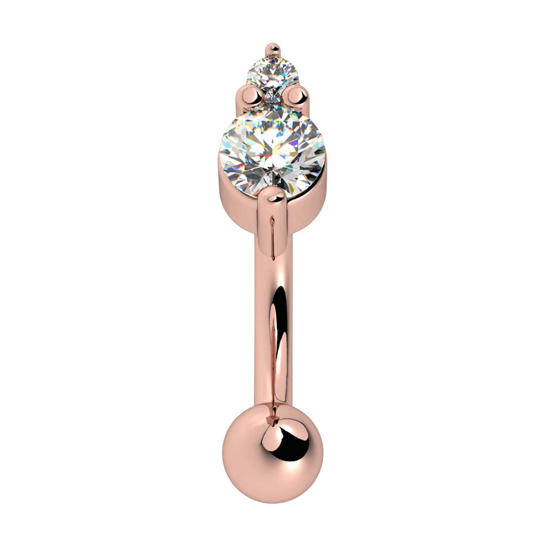14k rose gold curved barbell with dual CZ stones in prong setting, front view