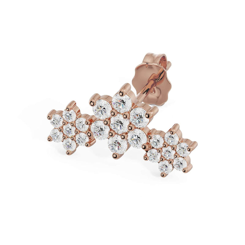 14k rose gold triple flower lobe earring with round CZ stones, single earring angled view