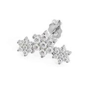 14k white gold triple flower lobe earring with round CZ stones, angled view showing push-back post