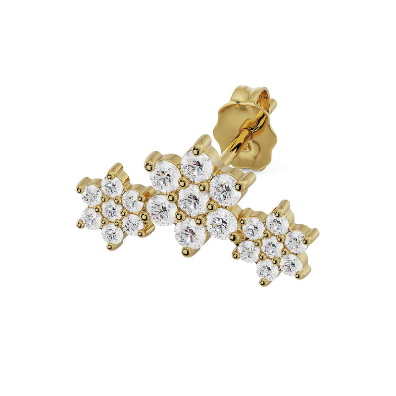 14k yellow gold triple flower lobe earring with round CZ stones, angled view showing push-back post