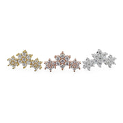 Triple flower lobe earring in all three metal options: 14k yellow, rose, and white gold side by side
