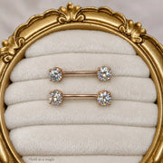 Two 14k rose gold 6.5mm diamond prong nipple barbells displayed in a gold frame jewelry box, sold as a single
