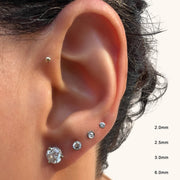 Model ear showing bezel flat back stud size comparison: 2.0mm, 2.5mm, 3.0mm, and 6.0mm side by side