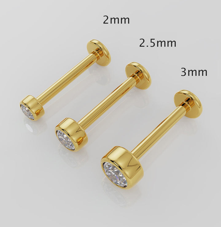 2.5mm CZ Bezel-Set 14k Gold Labret Tragus Cartilage Flat Back Earring-14K Yellow Gold   18G   5 16" (8mm)