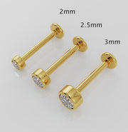 14k yellow gold CZ bezel flat back labret size comparison showing 2mm, 2.5mm, and 3mm gems