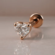 14k rose gold 3mm heart-cut diamond flat back labret stud, angled view with disc backing visible