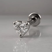 14k white gold 3mm heart-cut diamond flat back labret stud, angled view showing flat disc backing