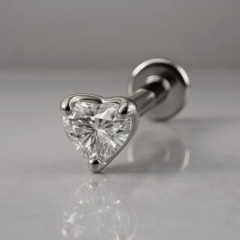 14k white gold 3mm heart-cut diamond flat back labret stud, angled view showing flat disc backing
