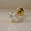 14k yellow gold 3mm heart-cut diamond flat back labret stud, angled view showing disc backing