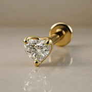 14k yellow gold 3mm heart-cut diamond flat back labret stud, angled view showing disc backing