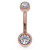 14k rose gold double diamond navel ring with dual bezel-set diamonds, front view