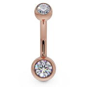 14k rose gold double diamond navel ring with dual bezel-set diamonds, front view