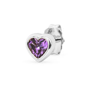 Single 14k white gold amethyst heart stud earring, angled view with violet stone in polished white bezel