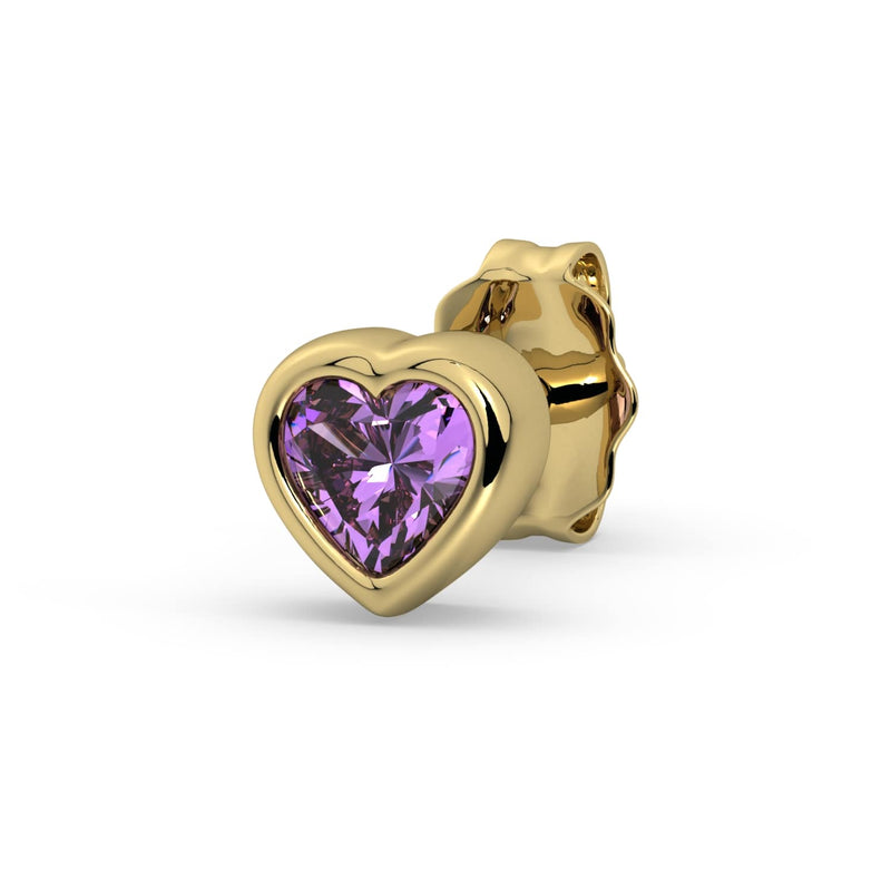 Single 14k yellow gold amethyst heart stud earring, angled view showing purple bezel-set stone