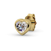 Single 14k yellow gold diamond heart stud earring, close angled view highlighting sparkle in bezel setting