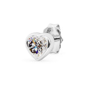 Single 14k white gold diamond heart stud earring, angled view with bright bezel-set diamond and butterfly back