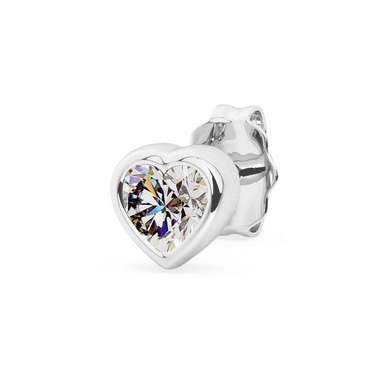 Single 14k white gold diamond heart stud earring, angled view with bright bezel-set diamond and butterfly back