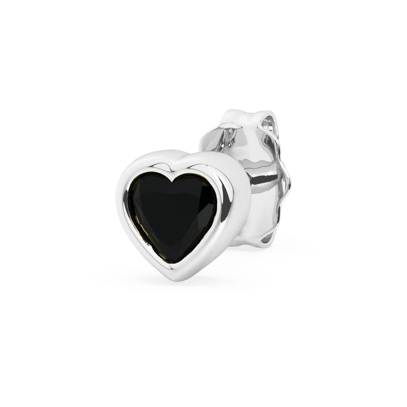 Single 14k white gold onyx heart stud earring, angled view with matte black stone in silver-tone bezel