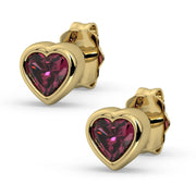 14k yellow gold rhodolite garnet heart stud earrings pair, product render on white background, front-angled view