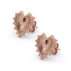 Pair of 14k rose gold radiant heart stud earrings displayed as matched set with spiked sunburst heart design