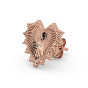 14k rose gold radiant heart stud earring with sunburst detail, angled side view showing post and backing