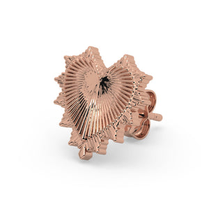 14k rose gold radiant heart stud earring with sunburst detail, angled side view showing post and backing
