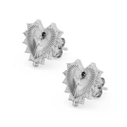 Pair of 14k white gold radiant heart stud earrings, both pieces displayed to show sunburst heart detail