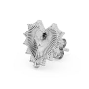 14k white gold radiant heart stud earring, angled view highlighting polished sunburst ridges and butterfly clasp