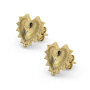 Pair of 14k yellow gold radiant heart stud earrings showing matched set with sunburst design