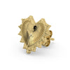 14k yellow gold radiant heart stud earring, angled view showing sunburst ridges and butterfly backing